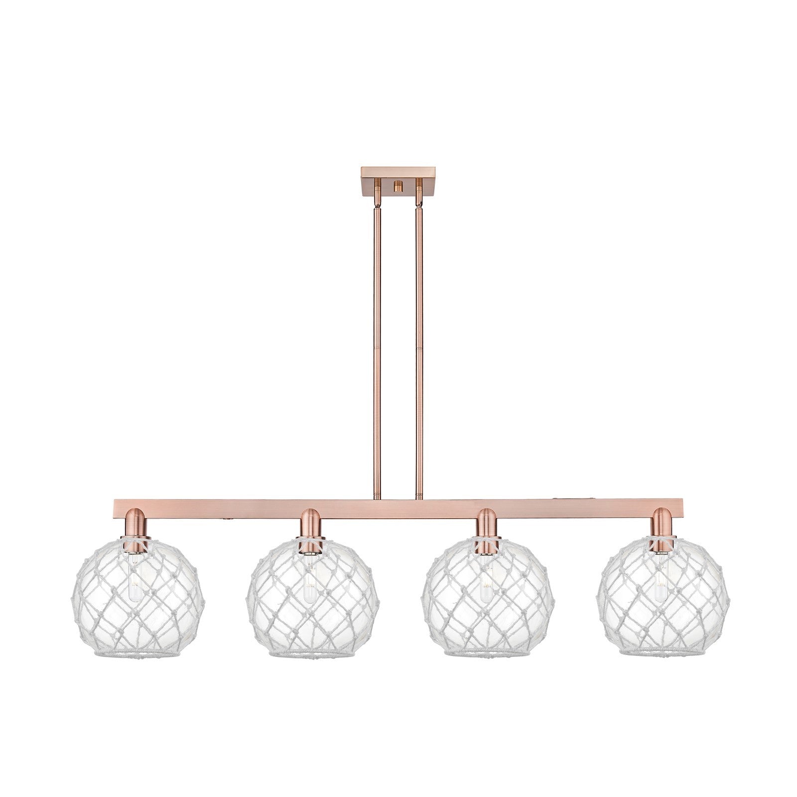 Innovations Farmhouse Rope 53in 4-Light Island Light | Industrial Antique Copper Steel and Clear Glass with White Rope | Model 716-4I-AC-G122-10RW