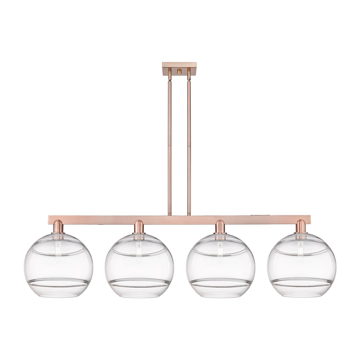 Innovations Rochester 55in 4-Light Island Light | Industrial Antique Copper Steel and Clear Glass | Kitchen Island & Dining | Model 716-4I-AC-G556-12CL