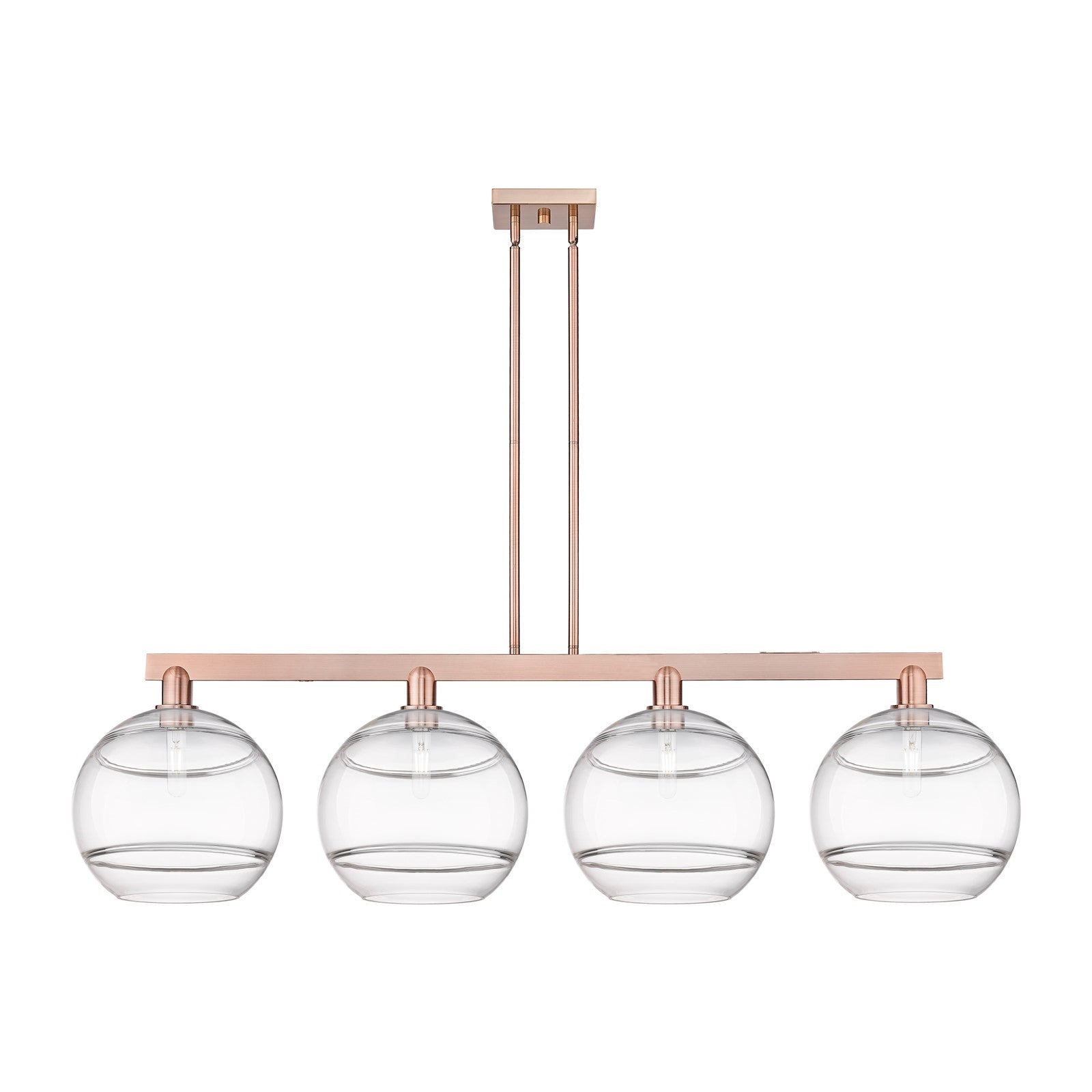 Innovations Rochester 55in 4-Light Island Light | Industrial Antique Copper Steel and Clear Glass | Kitchen Island & Dining | Model 716-4I-AC-G556-12CL