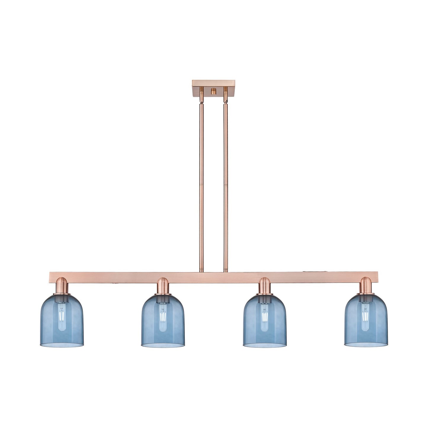 Innovations Bella 48in 4-Light Island Light | Industrial Antique Copper and Blue Glass | Kitchen Island & Dining Room | Model 716-4I-AC-G558-6BL