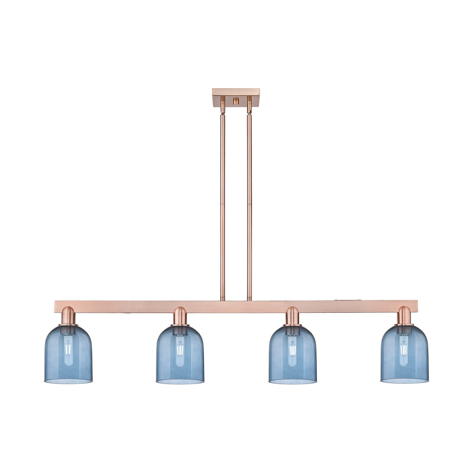 Innovations Bella 48in 4-Light Island Light | Industrial Antique Copper and Blue Glass | Kitchen Island & Dining Room | Model 716-4I-AC-G558-6BL