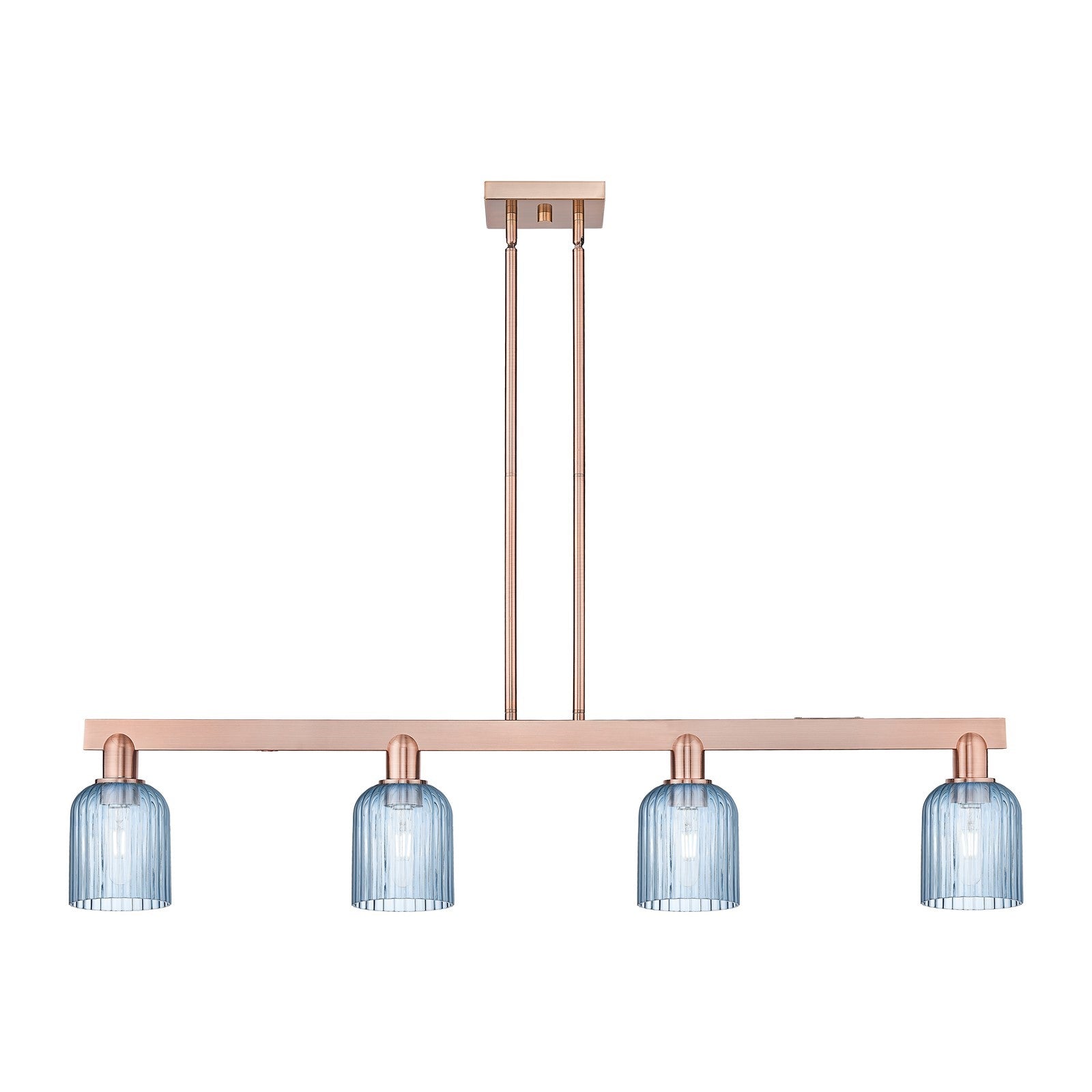Innovations Bridal Veil 48in 4-Light Island Light | Industrial Antique Copper Steel and Princess Blue Ribbed Glass | Kitchen | Model 716-4I-AC-G559-5BL