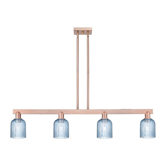 Innovations Bridal Veil 48in 4-Light Island Light | Industrial Antique Copper Steel and Princess Blue Ribbed Glass | Kitchen | Model 716-4I-AC-G559-5BL