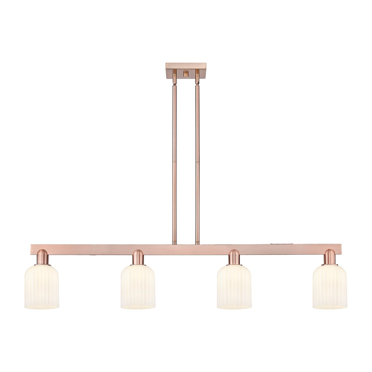 Innovations Bridal Veil 48in 4-Light Island Light | Industrial Antique Copper Steel and Gloss White Ribbed Glass | Kitchen | Model 716-4I-AC-G559-5GWH
