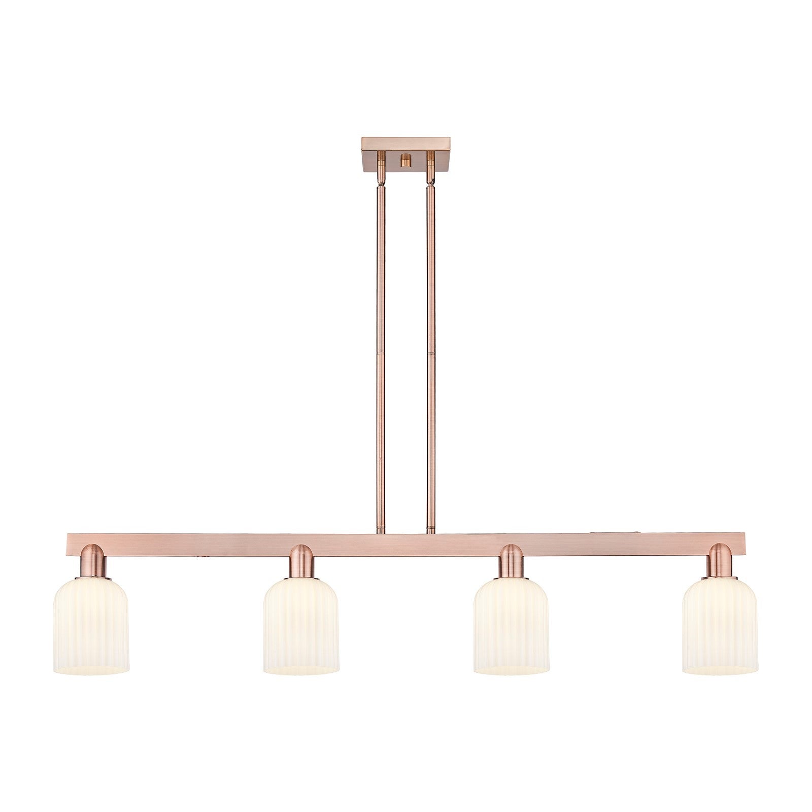 Innovations Bridal Veil 48in 4-Light Island Light | Industrial Antique Copper Steel and Gloss White Ribbed Glass | Kitchen | Model 716-4I-AC-G559-5GWH