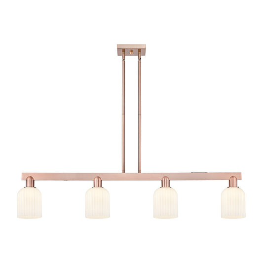 Innovations Bridal Veil 48in 4-Light Island Light | Industrial Antique Copper Steel and Gloss White Ribbed Glass | Kitchen | Model 716-4I-AC-G559-5GWH