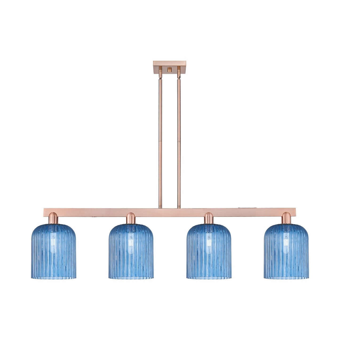Innovations Bridal Veil 51in 4-Light Island Light | Industrial Antique Copper and Princess Blue Glass | Kitchen Island & Dining | Model 716-4I-AC-G559-8BL