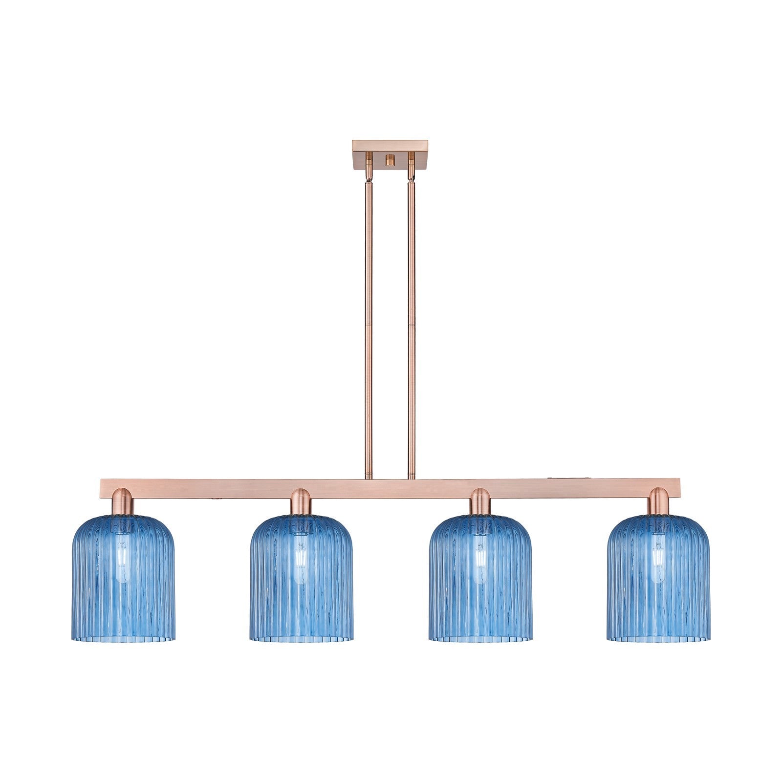 Innovations Bridal Veil 51in 4-Light Island Light | Industrial Antique Copper and Princess Blue Glass | Kitchen Island & Dining | Model 716-4I-AC-G559-8BL