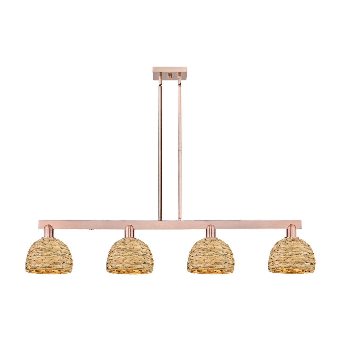 Innovations Arcadia 51in 4-Light Island Light | Industrial Antique Copper Steel and Natural Rattan | Kitchen Island & Dining | Model 716-4I-AC-RBD-8-NAT