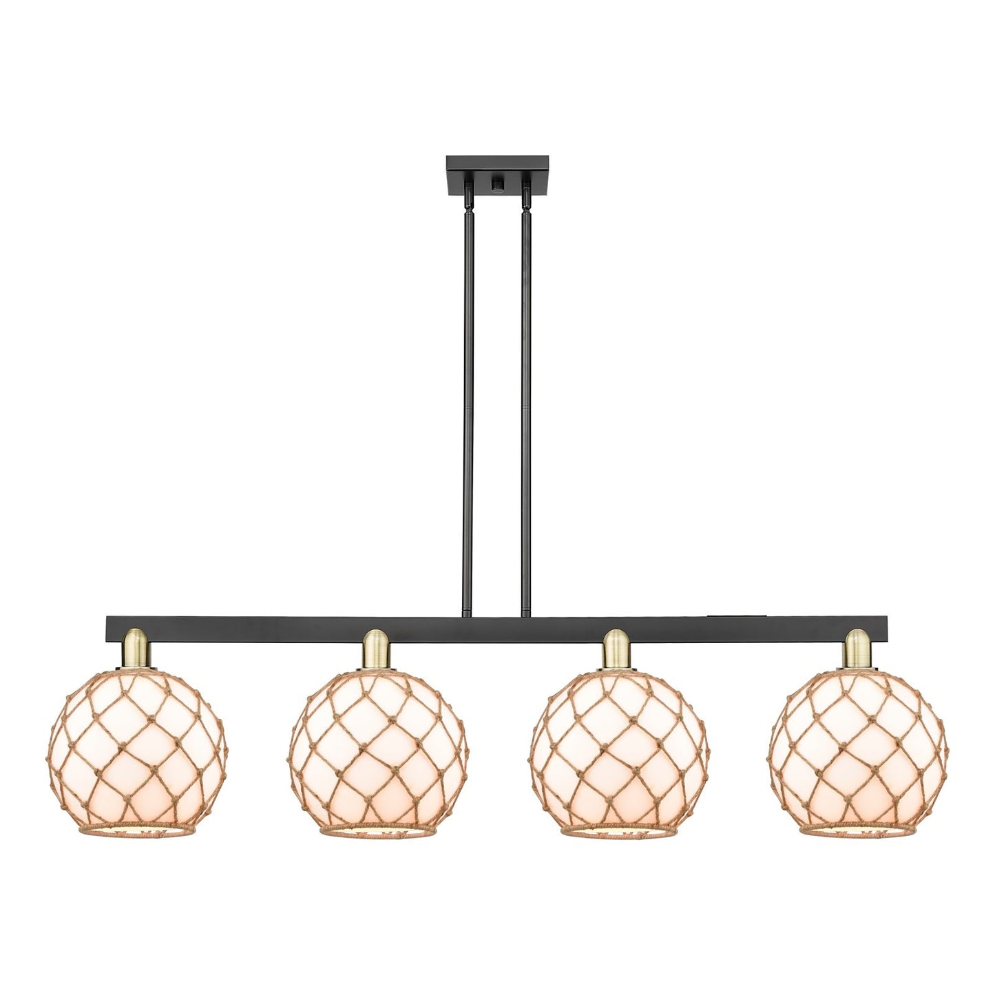 Innovations Farmhouse Rope 53in 4-Light Island Light | Industrial Black Antique Brass Steel and Matte White Glass with Rope | Model 716-4I-BAB-G121-10RB