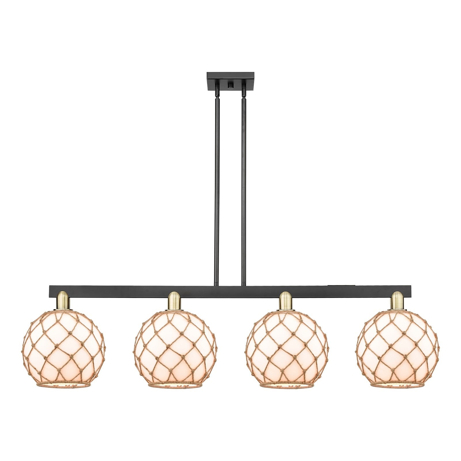 Innovations Farmhouse Rope 53in 4-Light Island Light | Industrial Black Antique Brass Steel and Matte White Glass with Rope | Model 716-4I-BAB-G121-10RB