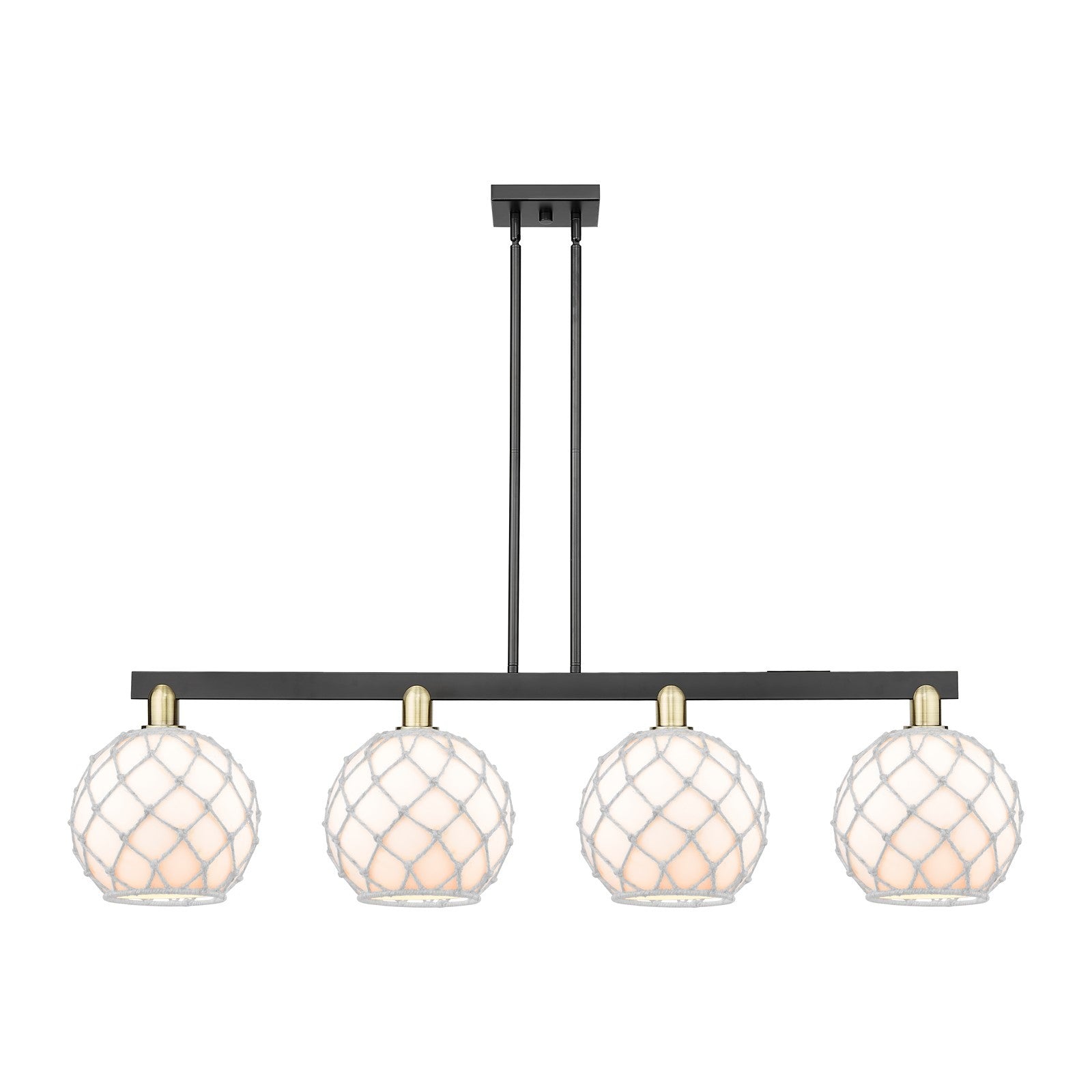 Innovations Farmhouse Rope 53in 4-Light Island Light | Industrial Black Antique Brass Steel and White Glass with Rope Shade | Model 716-4I-BAB-G121-10RW