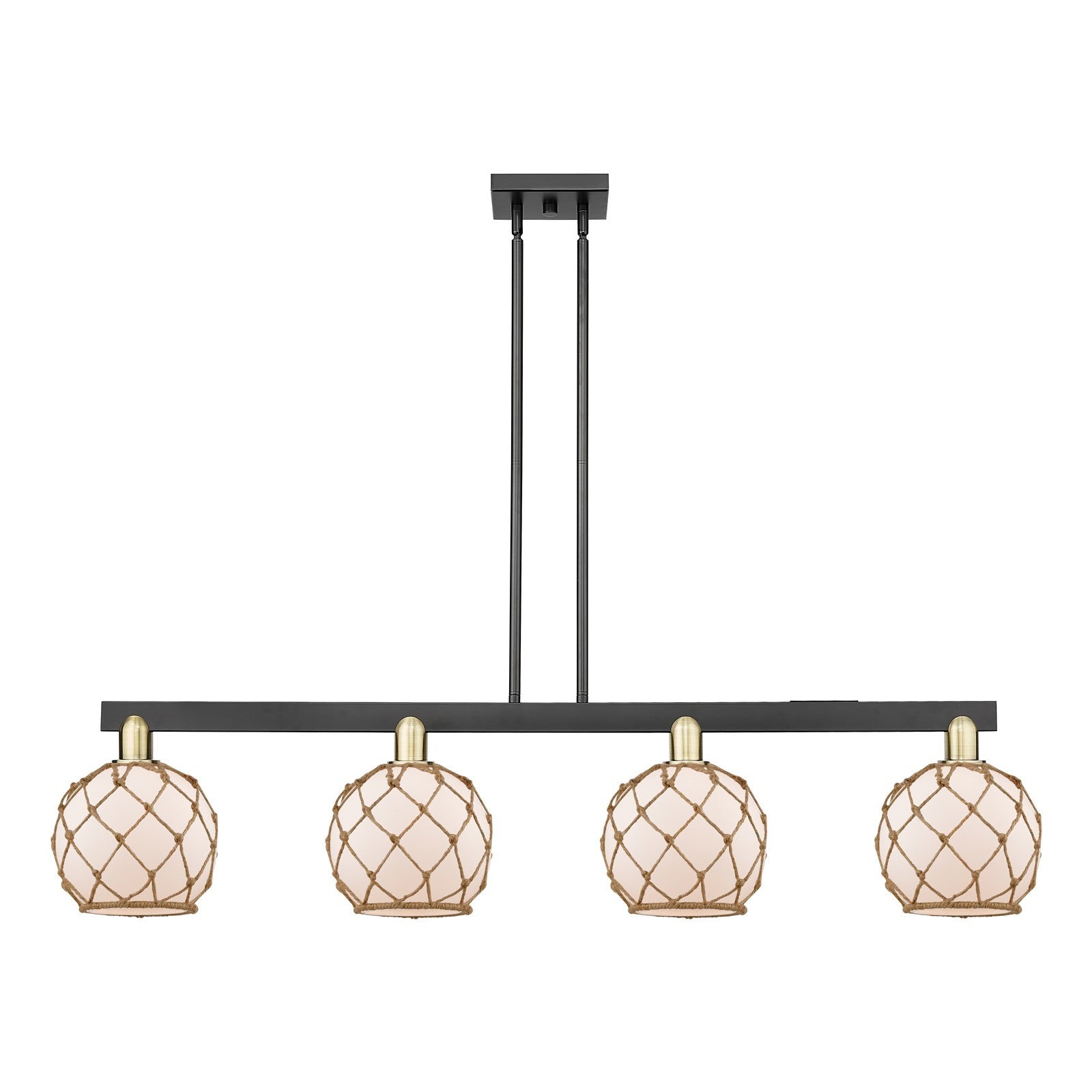 Innovations Farmhouse Rope 51in 4-Light Island Light | Industrial Black Antique Brass and White Frosted Glass with Brown Rope | Model 716-4I-BAB-G121-8RB