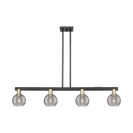 Innovations Athens Deco Swirl 48in 4-Light Island Light | Industrial Black Antique Brass and Light Smoke Glass | Kitchen | Model 716-4I-BAB-G1213-6SM