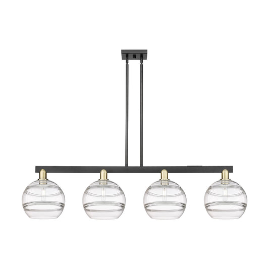 Innovations Rochester 53in 4-Light Island Light | Industrial Black Antique Brass Steel and Clear Glass | Kitchen Island & | Model 716-4I-BAB-G556-10CL