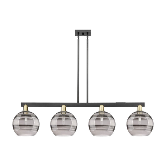 Innovations Rochester 53in 4-Light Island Light | Industrial Black Antique Brass and Light Smoke Glass | Kitchen Island & | Model 716-4I-BAB-G556-10SM