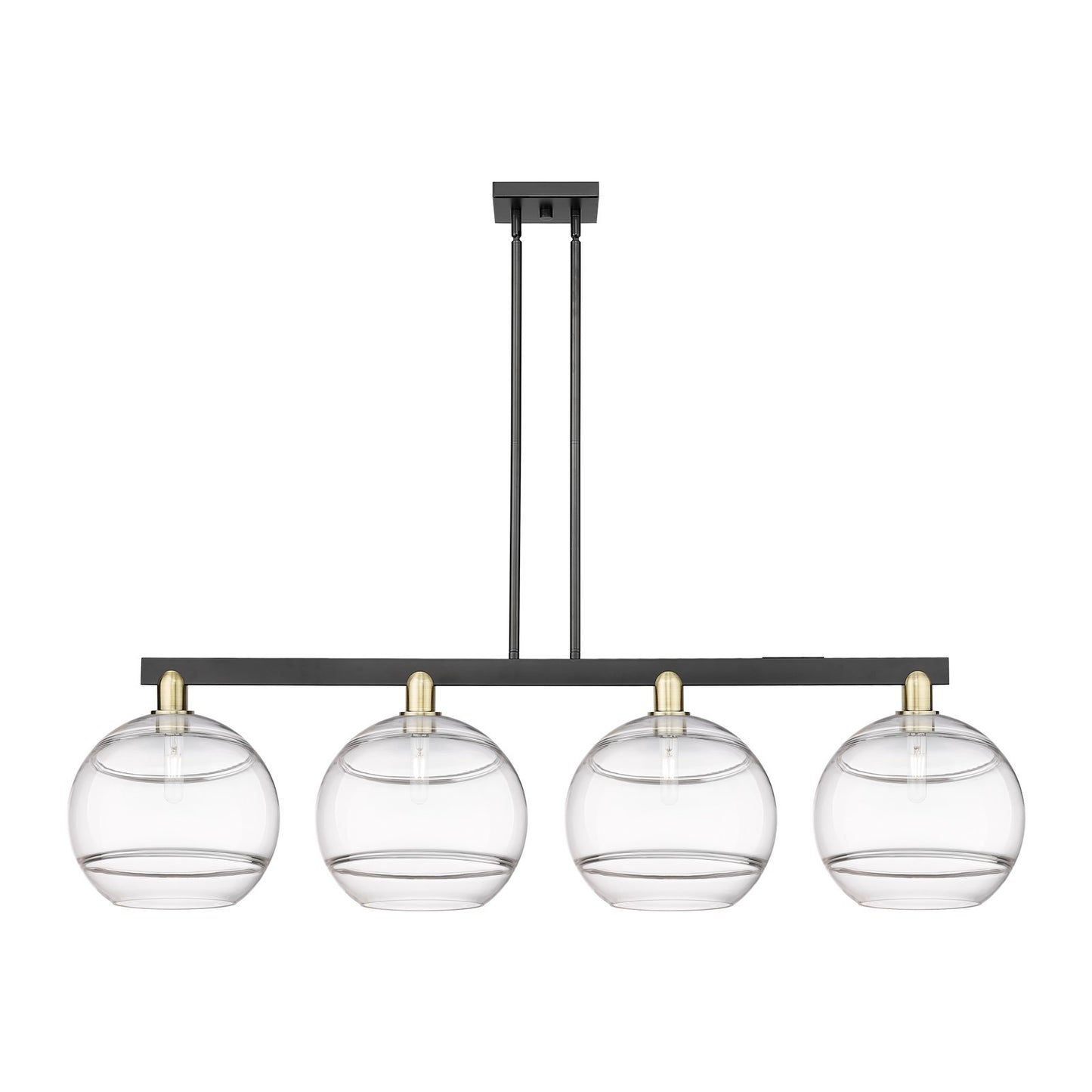 Innovations Rochester 55in 4-Light Island Light | Industrial Black Antique Brass Steel and Clear Glass | Kitchen Island & | Model 716-4I-BAB-G556-12CL