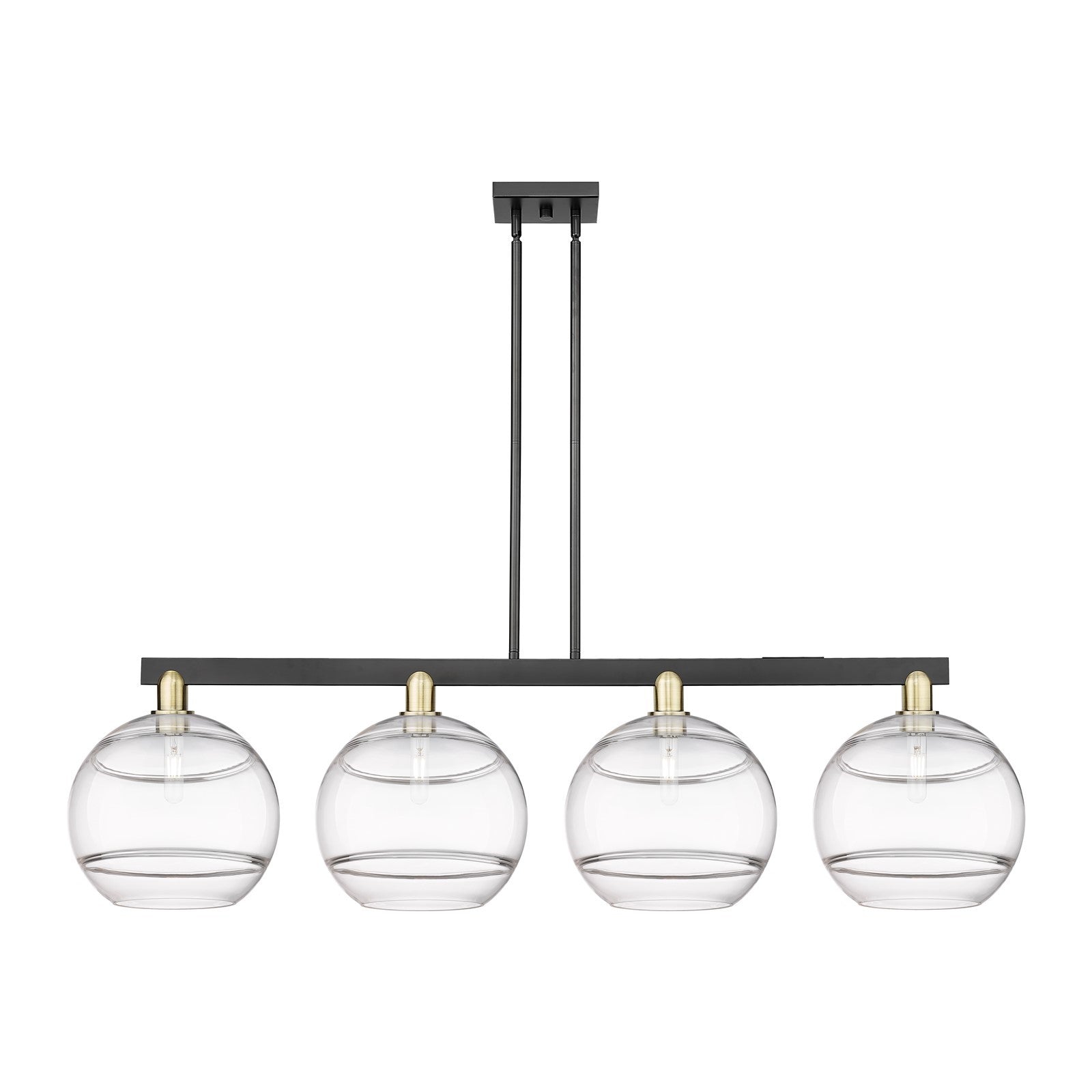 Innovations Rochester 55in 4-Light Island Light | Industrial Black Antique Brass Steel and Clear Glass | Kitchen Island & | Model 716-4I-BAB-G556-12CL