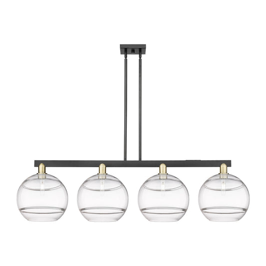 Innovations Rochester 55in 4-Light Island Light | Industrial Black Antique Brass Steel and Clear Glass | Kitchen Island & | Model 716-4I-BAB-G556-12CL