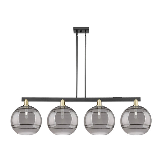 Innovations Rochester 55in 4-Light Island Light | Industrial Black Antique Brass and Light Smoke Glass | Kitchen Island & | Model 716-4I-BAB-G556-12SM