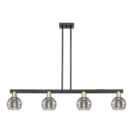 Innovations Rochester 49in 4-Light Island Light | Industrial Black Antique Brass and Light Smoke Glass | Kitchen Island & | Model 716-4I-BAB-G556-6SM