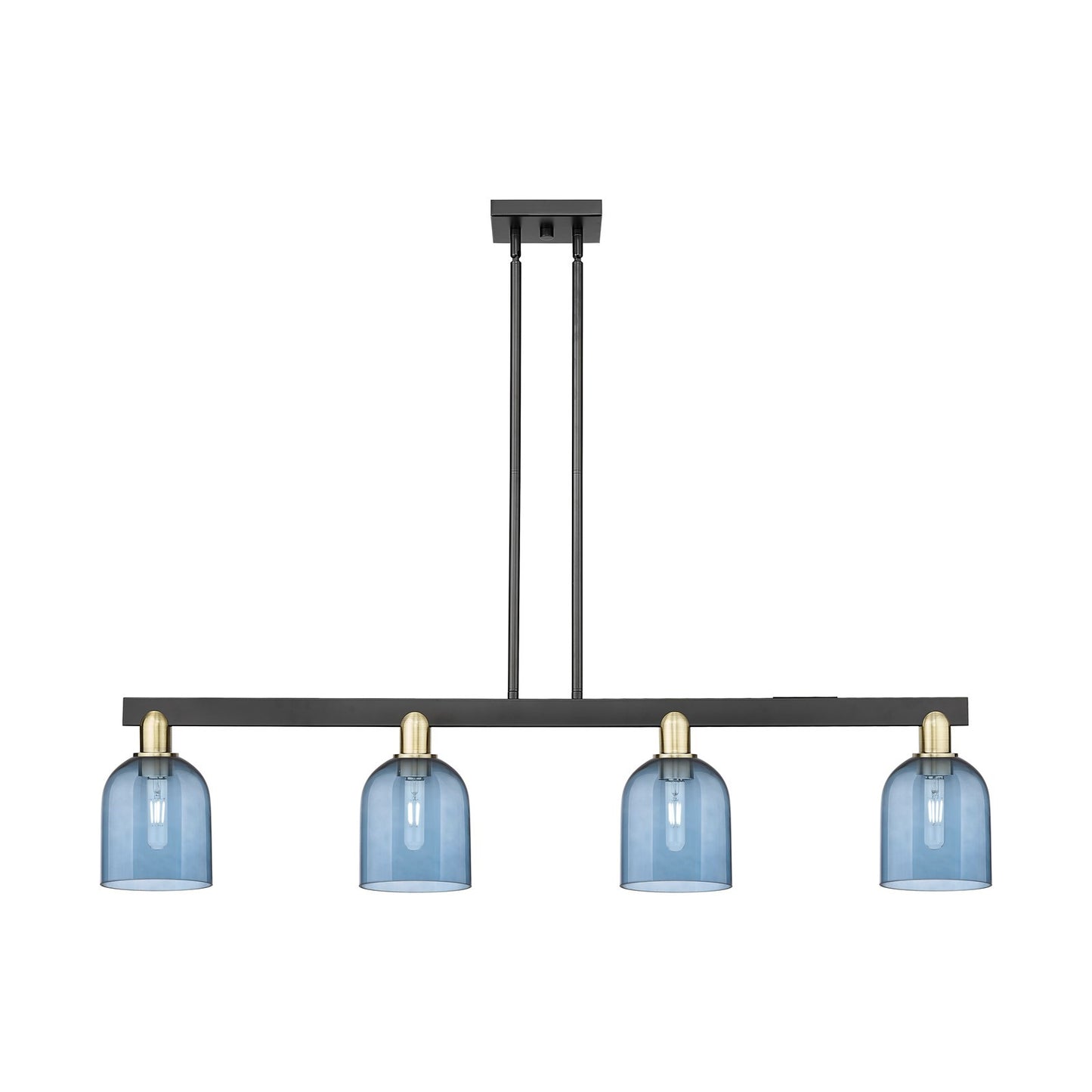 Innovations Bella 48in 4-Light Island Light | Industrial Black Antique Brass and Blue Glass | Kitchen Island & Dining Room | Model 716-4I-BAB-G558-6BL