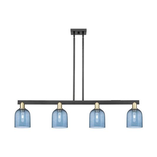 Innovations Bella 48in 4-Light Island Light | Industrial Black Antique Brass and Blue Glass | Kitchen Island & Dining Room | Model 716-4I-BAB-G558-6BL