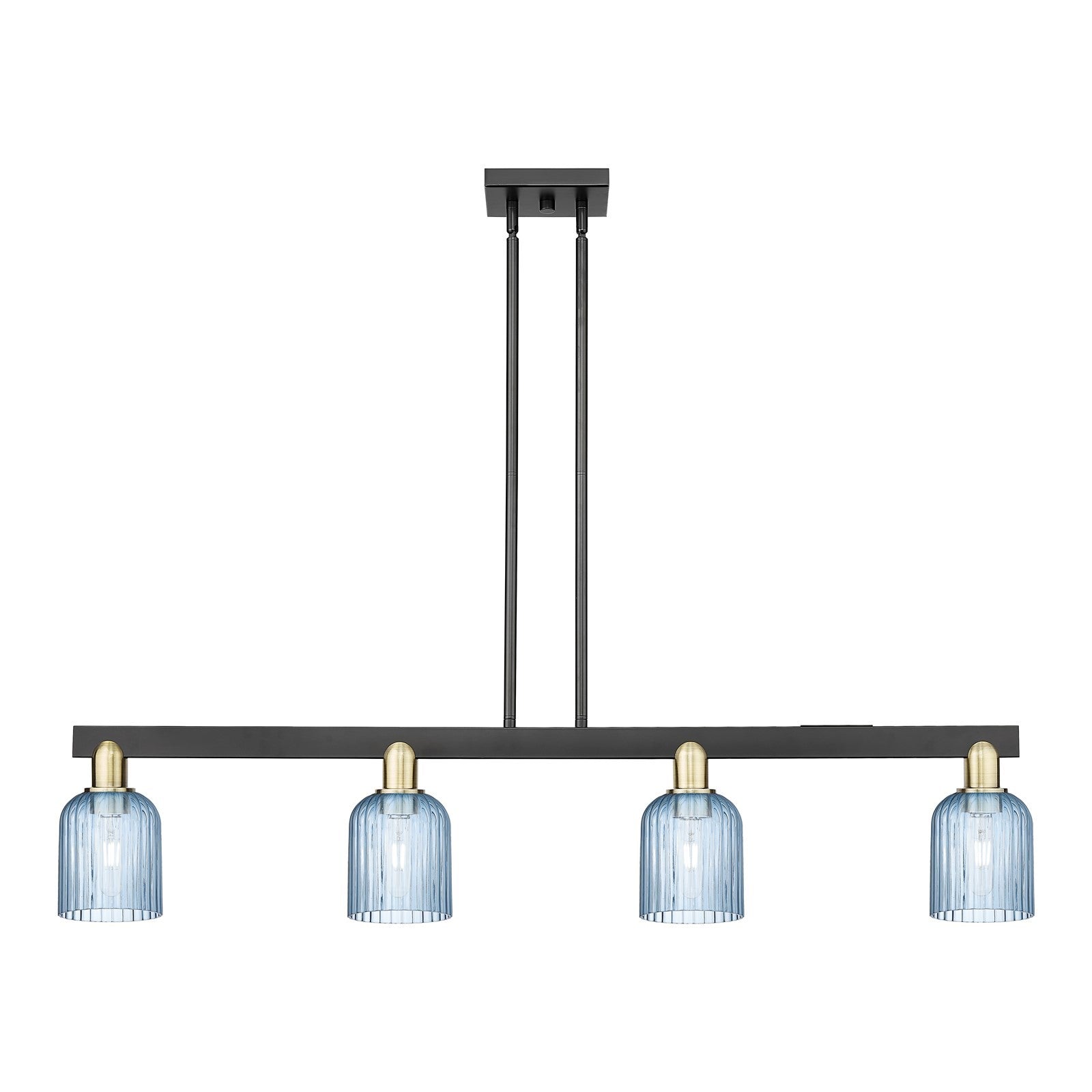 Innovations Bridal Veil 48in 4-Light Island Light | Industrial Black Antique Brass and Princess Blue Ribbed Glass | Kitchen | Model 716-4I-BAB-G559-5BL