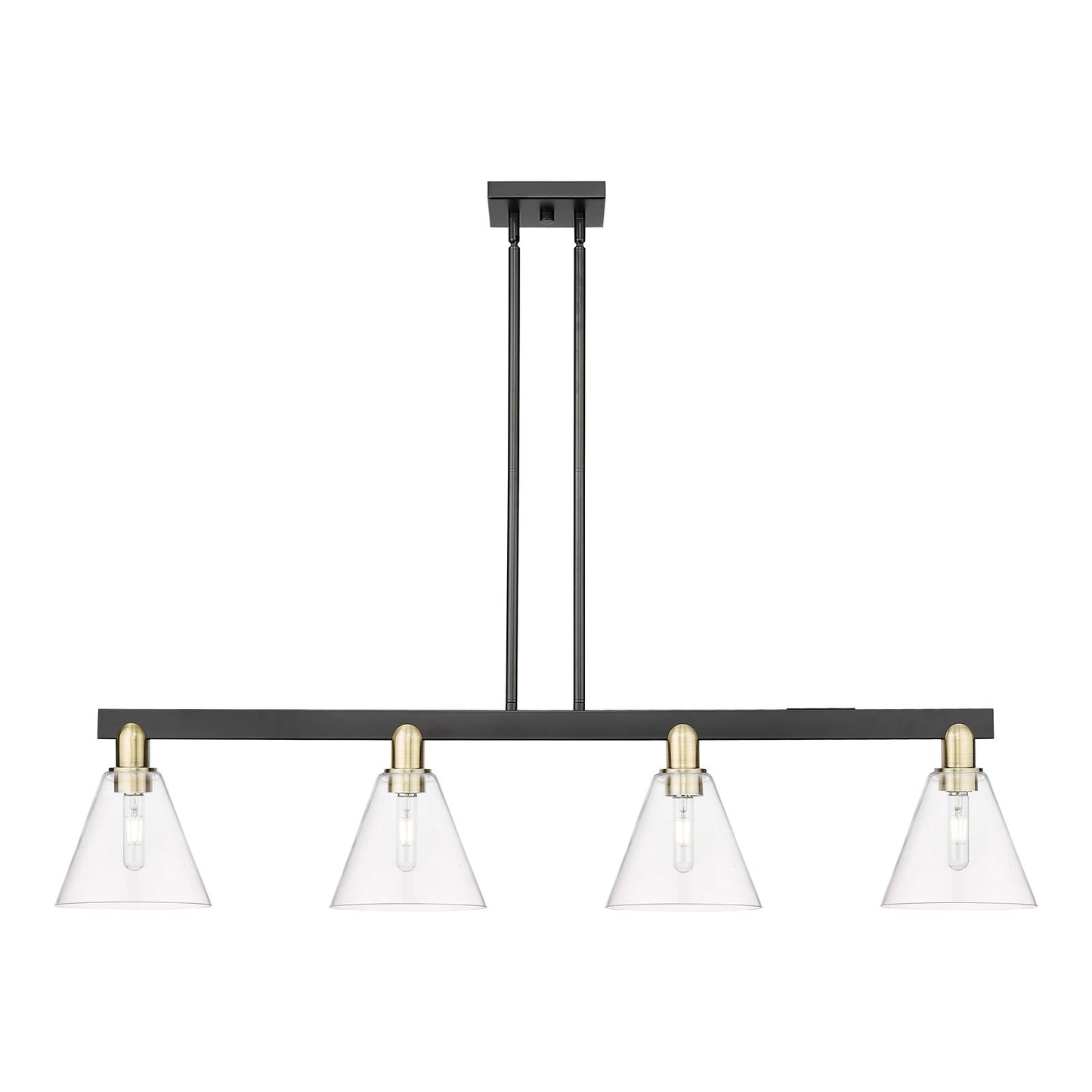 Innovations Berkshire Glass 51in 4-Light Island Light | Industrial Black Antique Brass Steel and Clear Glass | Kitchen Island & | Model 716-4I-BAB-GBC-82