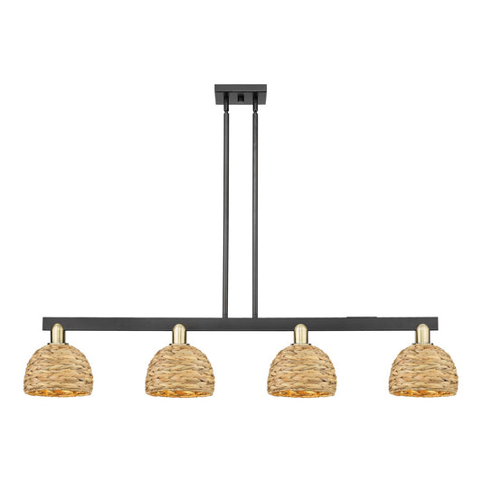 Innovations Arcadia 51in 4-Light Island Light | Industrial Black Antique Brass and Natural Rattan | Kitchen Island & Dining | Model 716-4I-BAB-RBD-8-NAT