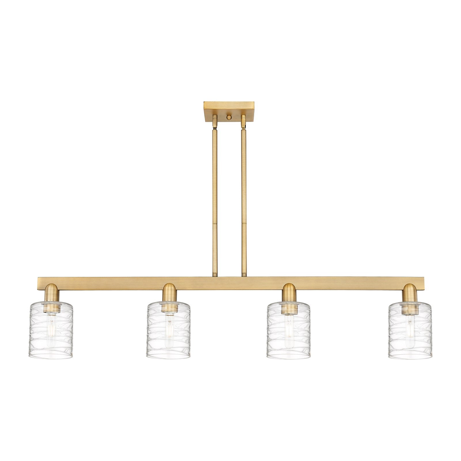 Innovations Cobbleskill 48in 4-Light Island Light | Industrial Brushed Brass and Deco Swirl Clear Glass | Kitchen Island & Dining | Model 716-4I-BB-G1113