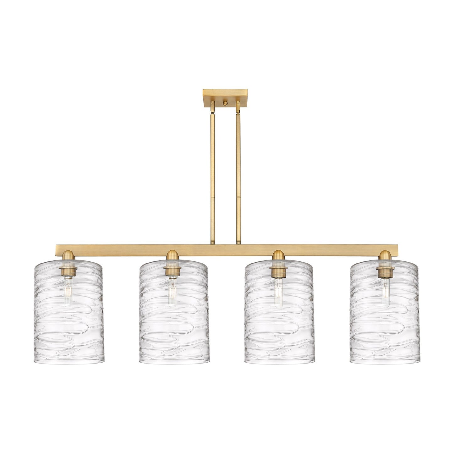 Innovations Cobbleskill 52in 4-Light Island Light | Industrial Brushed Brass Steel and Deco Swirl Clear Glass | Kitchen Island & | Model 716-4I-BB-G1113-L