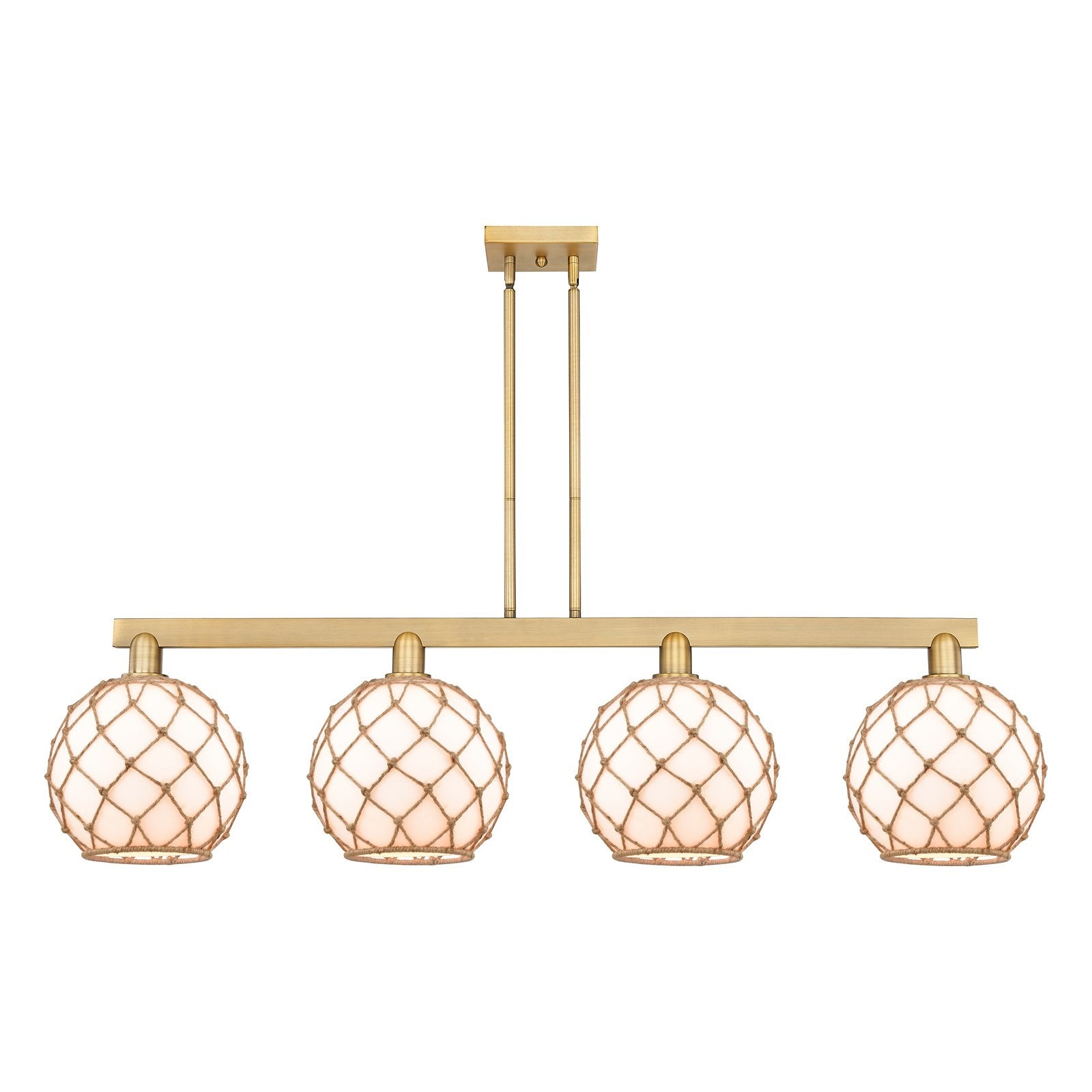 Innovations Farmhouse Rope 53in 4-Light Island Light | Industrial Brushed Brass Steel and Matte White Glass with Rope | Model 716-4I-BB-G121-10RB