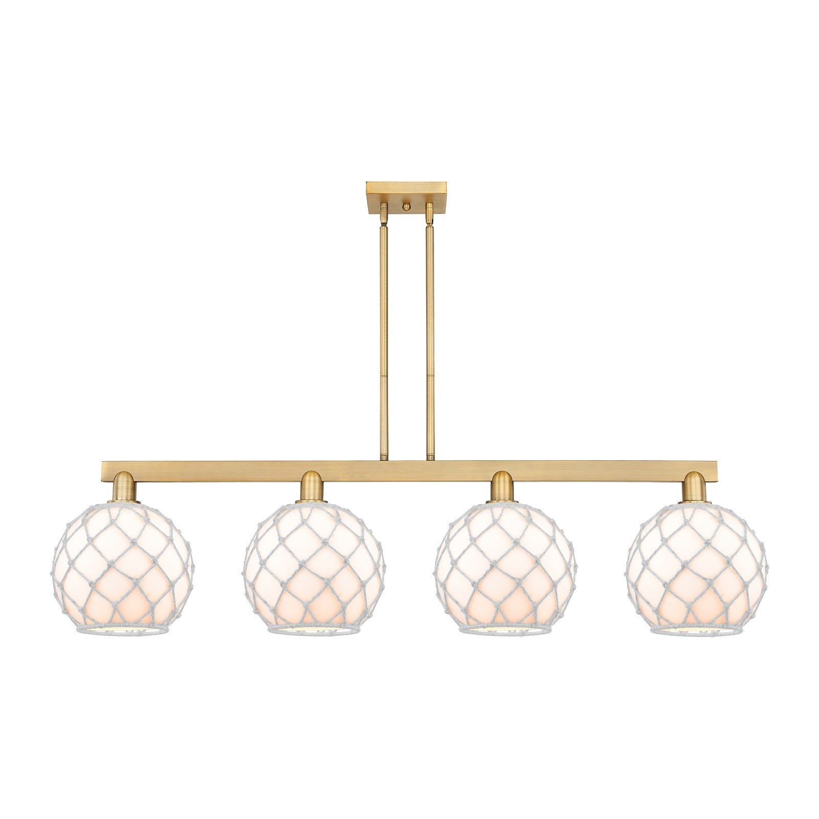 Innovations Farmhouse Rope 53in 4-Light Island Light | Industrial Brushed Brass Steel and White Glass with Rope | Kitchen | Model 716-4I-BB-G121-10RW