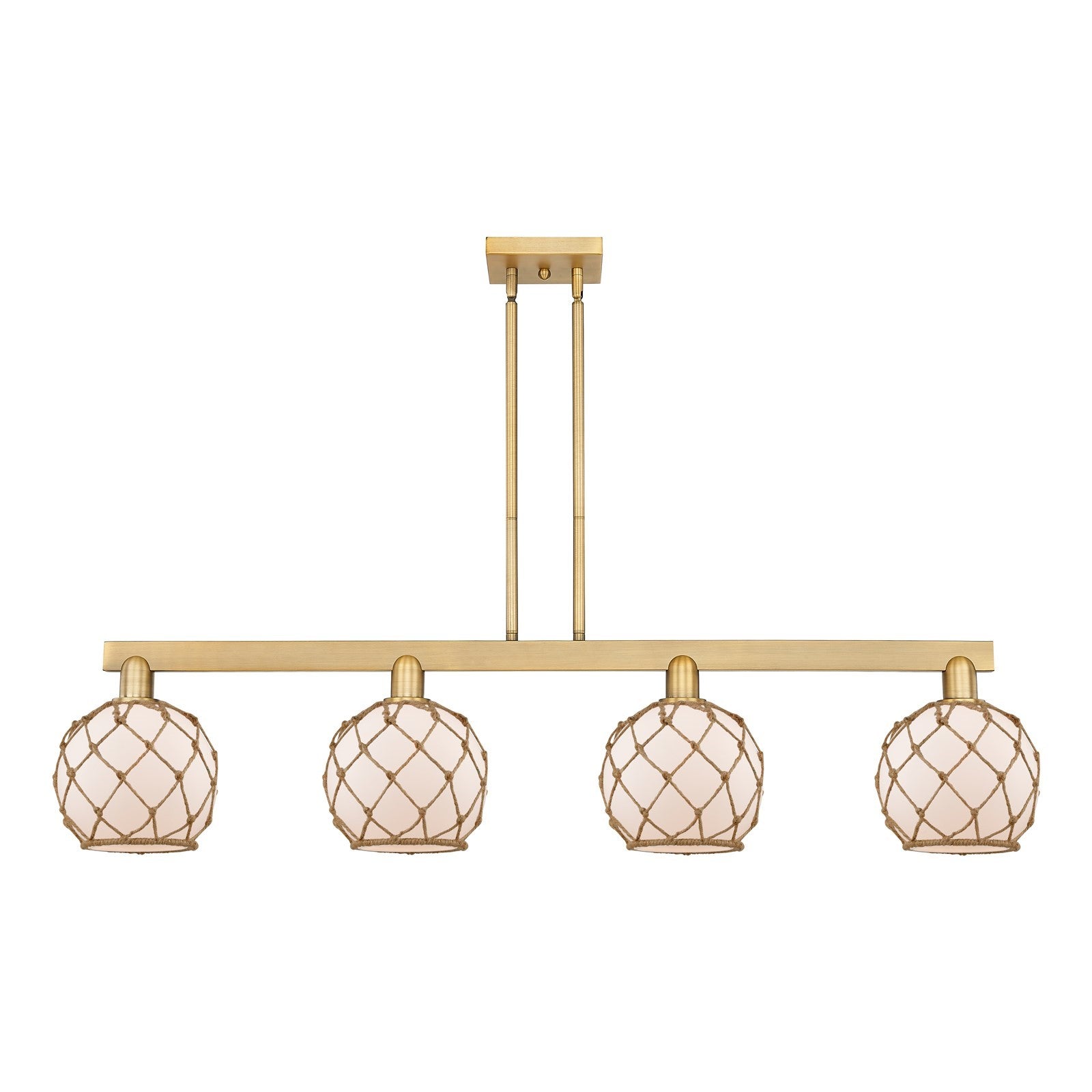 Innovations Farmhouse Rope 51in 4-Light Island Light | Industrial Brushed Brass Steel and White Frosted Glass with Brown Rope | Model 716-4I-BB-G121-8RB
