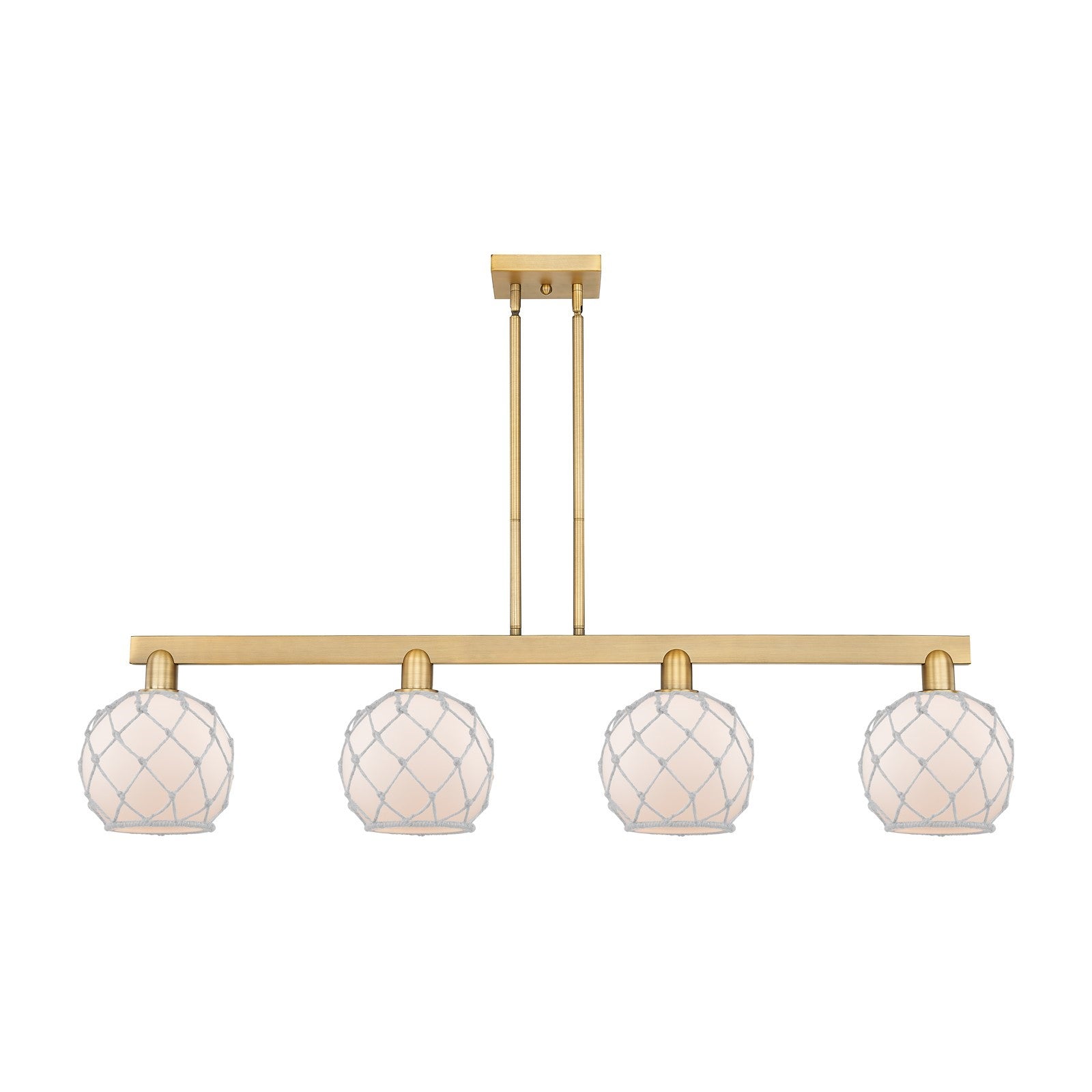 Innovations Farmhouse Rope 51in 4-Light Island Light | Industrial Brushed Brass and White Frosted Glass Rope | Kitchen Island & | Model 716-4I-BB-G121-8RW