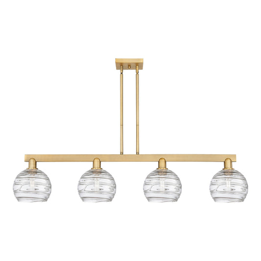 Innovations Athens Deco Swirl 51in 4-Light Island Light | Industrial Brushed Brass Steel and Clear Deco Swirl Glass | Kitchen | Model 716-4I-BB-G1213-8CL