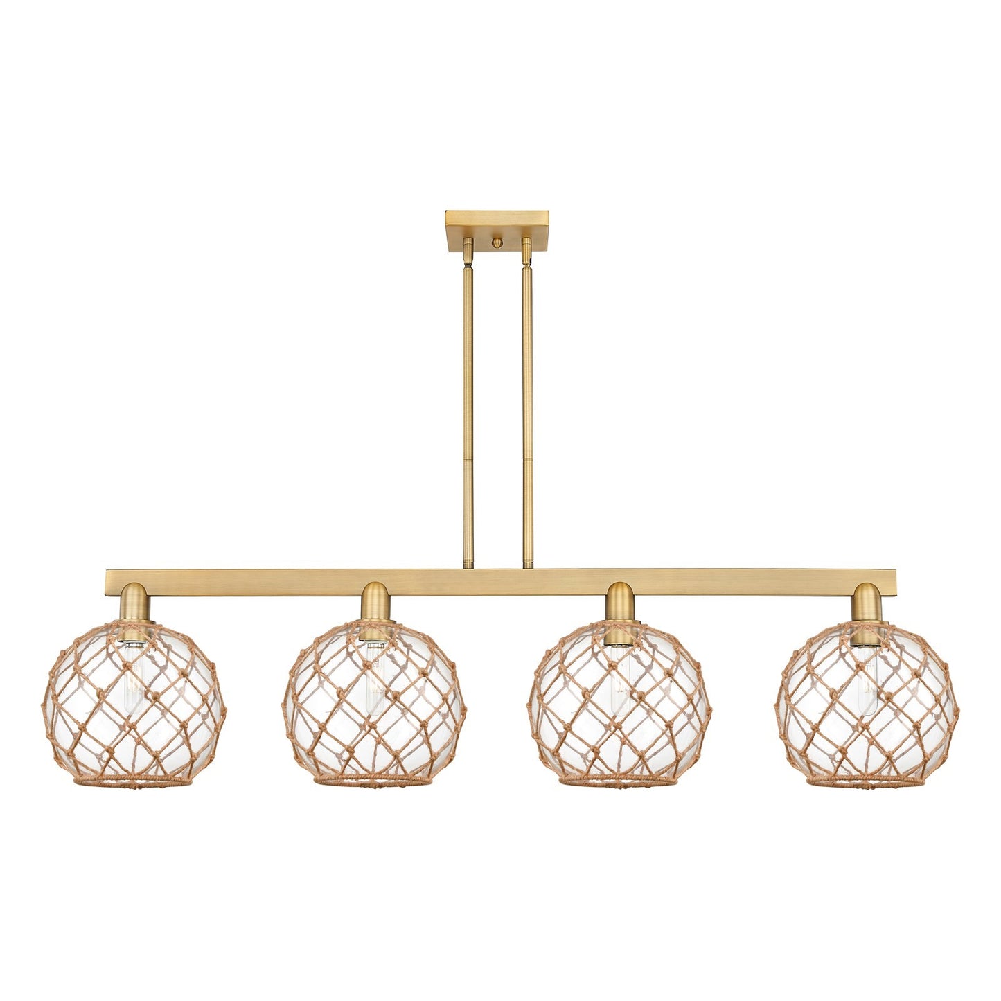 Innovations Farmhouse Rope 53in 4-Light Island Light | Industrial Brushed Brass Steel and Clear Glass with Brown Rope | Model 716-4I-BB-G122-10RB