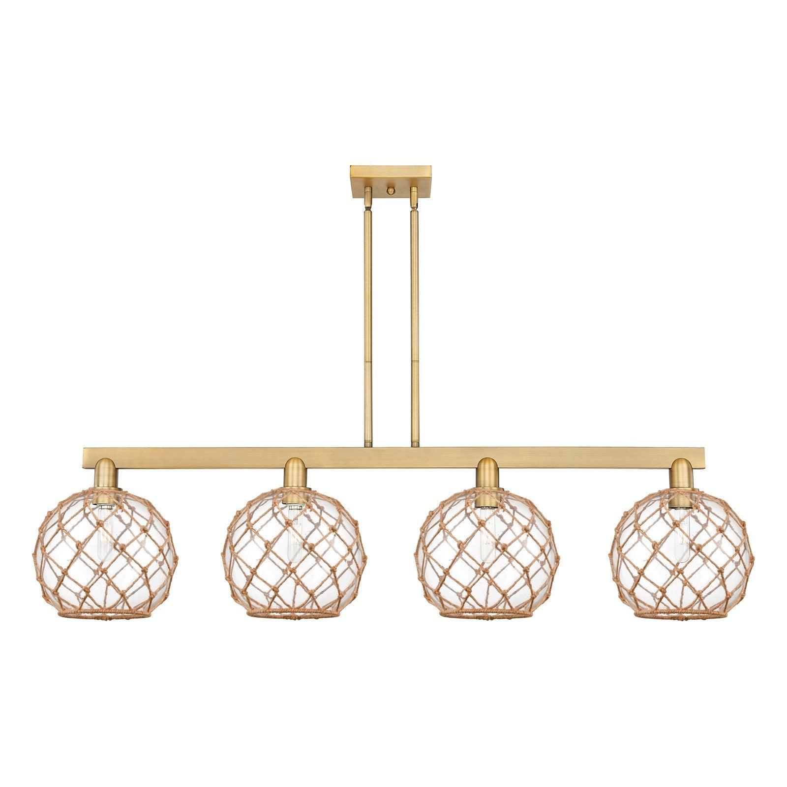 Innovations Farmhouse Rope 53in 4-Light Island Light | Industrial Brushed Brass Steel and Clear Glass with Brown Rope | Model 716-4I-BB-G122-10RB