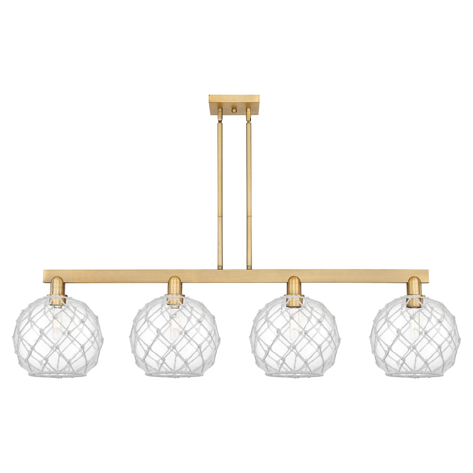 Innovations Farmhouse Rope 53in 4-Light Island Light | Industrial Brushed Brass and Clear Glass with White Rope | Kitchen | Model 716-4I-BB-G122-10RW