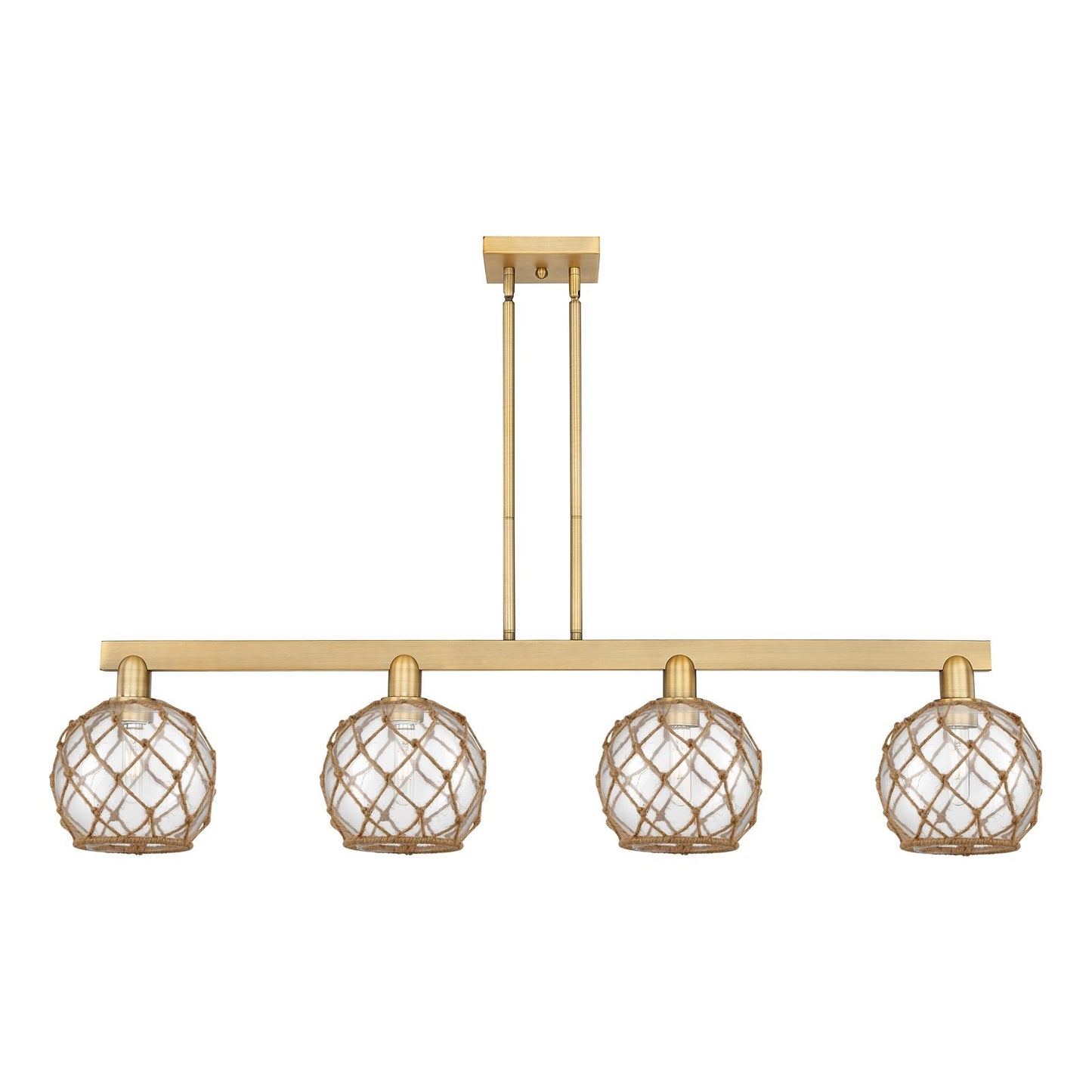 Innovations Farmhouse Rope 51in 4-Light Island Light | Industrial Brushed Brass Steel and Clear Glass with Brown Rope | Kitchen | Model 716-4I-BB-G122-8RB
