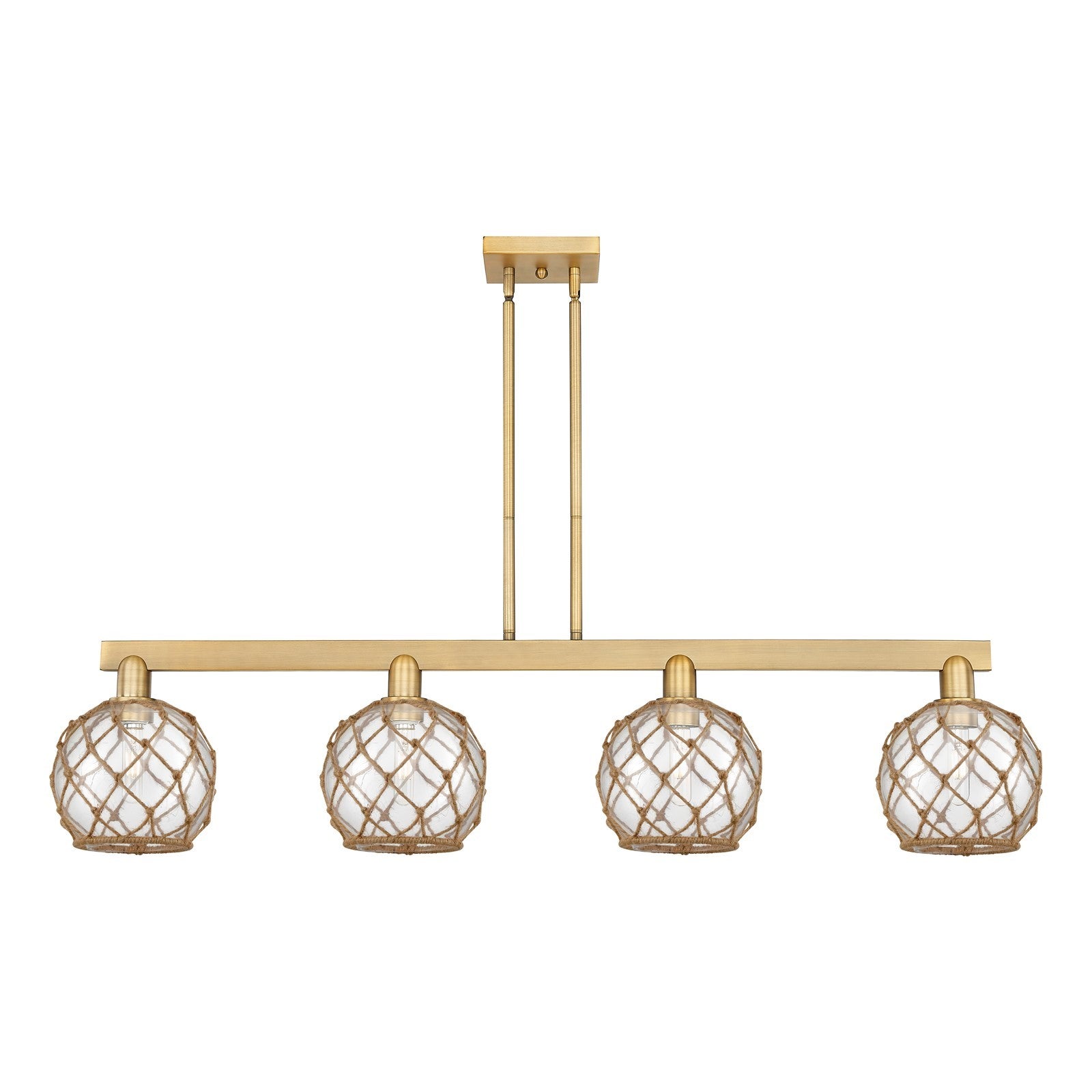 Innovations Farmhouse Rope 51in 4-Light Island Light | Industrial Brushed Brass Steel and Clear Glass with Brown Rope | Kitchen | Model 716-4I-BB-G122-8RB