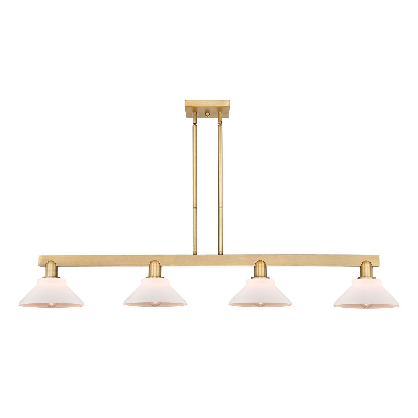 Innovations Orwell 51in 4-Light Island Light | Industrial Brushed Brass Steel and Matte White Glass | Kitchen Island & Dining Room | Model 716-4I-BB-G131