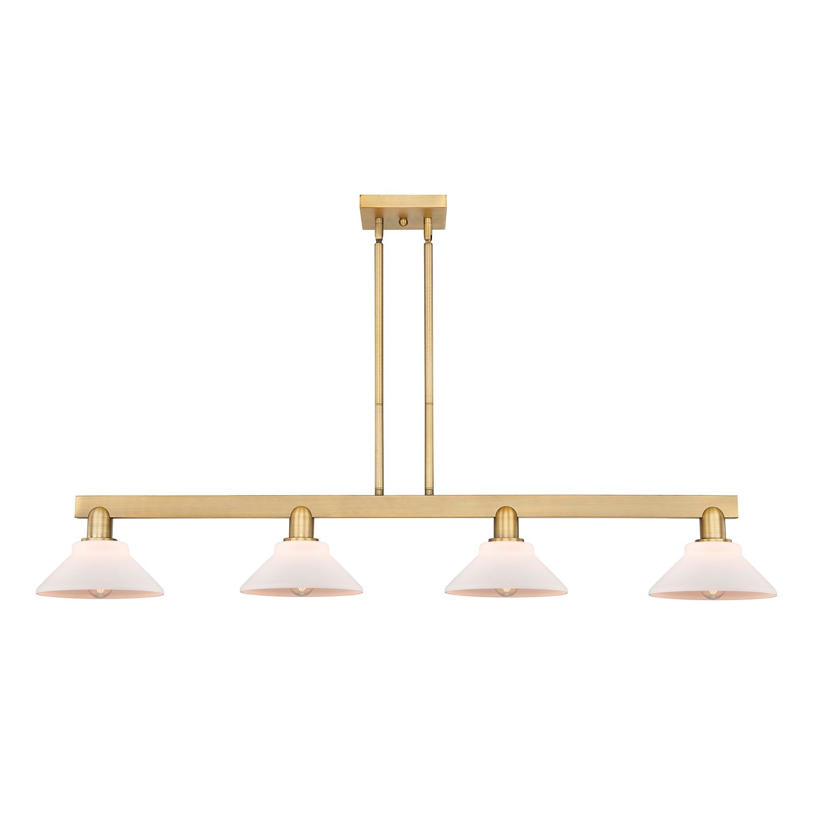 Innovations Orwell 51in 4-Light Island Light | Industrial Brushed Brass Steel and Matte White Glass | Kitchen Island & Dining Room | Model 716-4I-BB-G131