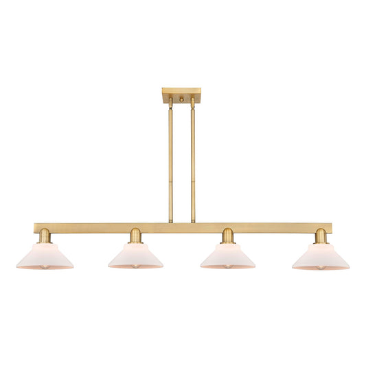 Innovations Orwell 51in 4-Light Island Light | Industrial Brushed Brass Steel and Matte White Glass | Kitchen Island & Dining Room | Model 716-4I-BB-G131