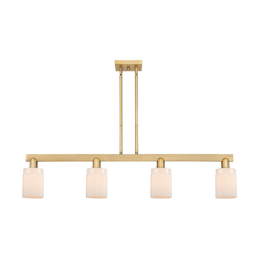 Innovations Hadley 47in 4-Light Island Light | Industrial Brushed Brass Steel and Matte White Ribbed Glass | Kitchen Island & | Model 716-4I-BB-G341