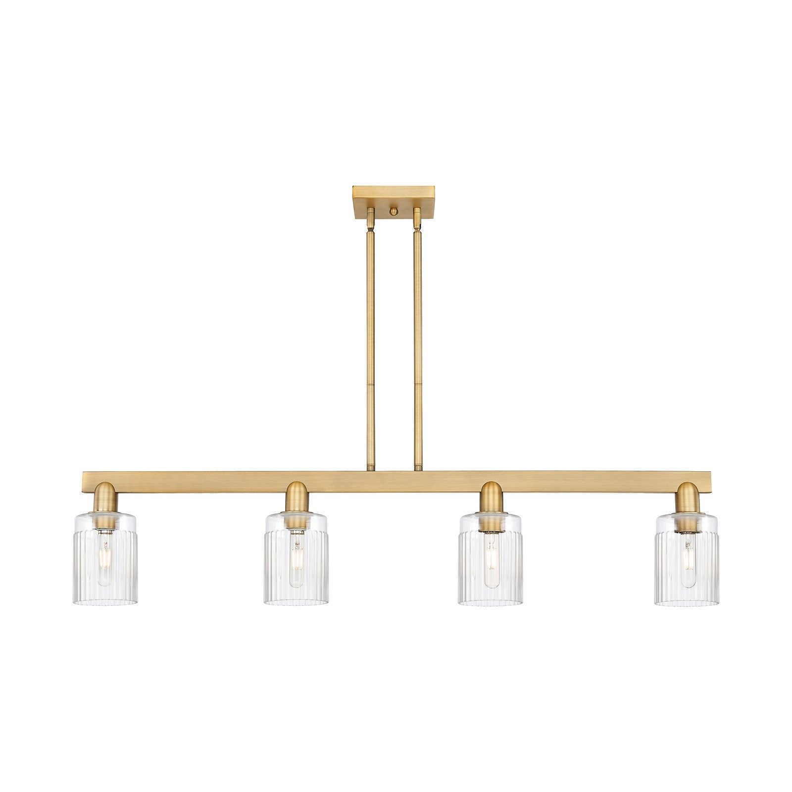 Innovations Hadley 47in 4-Light Island Light | Industrial Brushed Brass Steel and Clear Ribbed Glass | Kitchen Island & Dining Room | Model 716-4I-BB-G342
