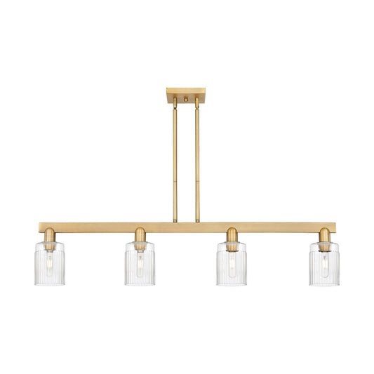 Innovations Hadley 47in 4-Light Island Light | Industrial Brushed Brass Steel and Clear Ribbed Glass | Kitchen Island & Dining Room | Model 716-4I-BB-G342