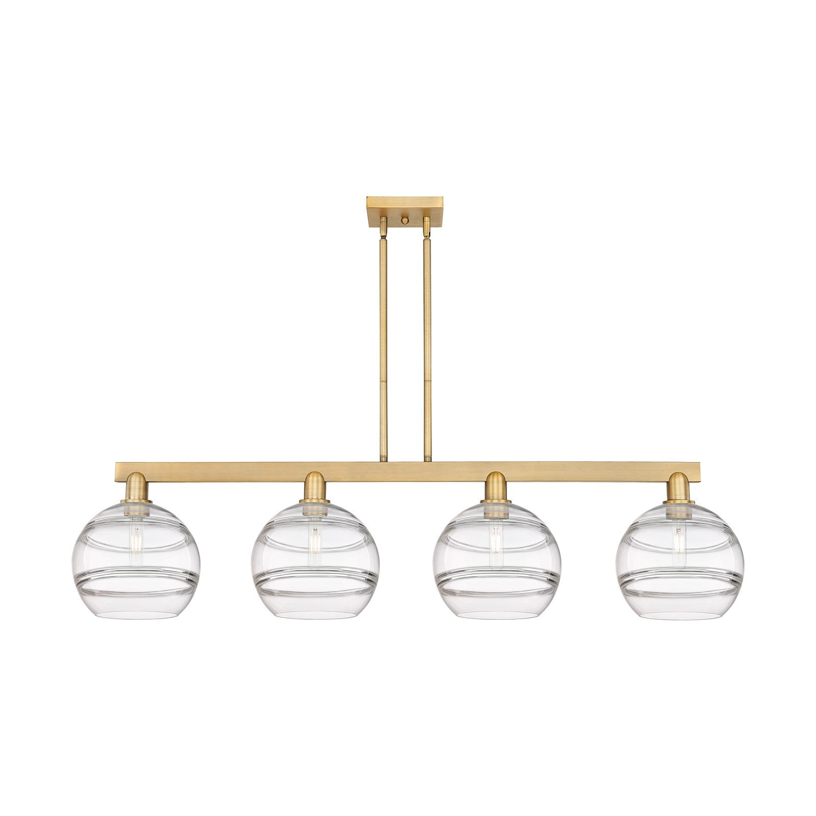 Innovations Rochester 53in 4-Light Island Light | Industrial Brushed Brass Steel and Clear Glass | Kitchen Island & Dining | Model 716-4I-BB-G556-10CL