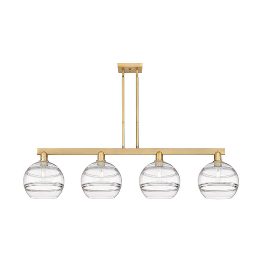 Innovations Rochester 53in 4-Light Island Light | Industrial Brushed Brass Steel and Clear Glass | Kitchen Island & Dining | Model 716-4I-BB-G556-10CL